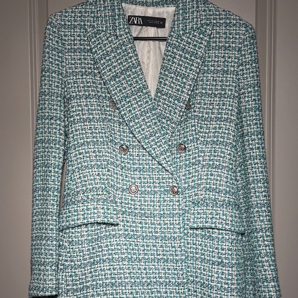 ZARA Green Tweed Double-Breasted Blazer | Size S | Bouclé Jacket - Picture 1 of 6